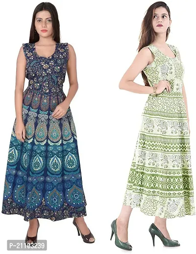 Jaipuri Cotton Printed Women Midi Gown Kurta Pack of 2-thumb0