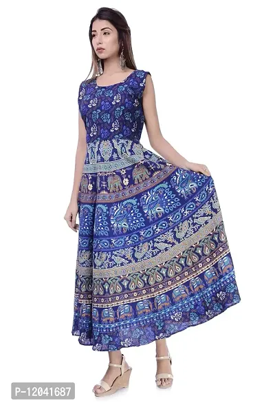 Super Moon Midi Jaipuri Print Maxi Dress Kurti for Women for Girls for Ladies (Free Size Upto 42 Inch) (Blue12)-thumb3