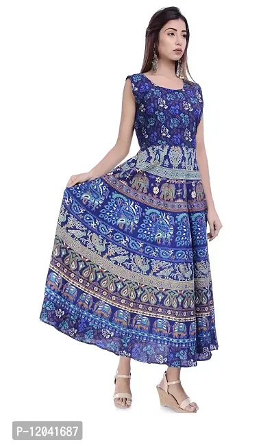 Super Moon Midi Jaipuri Print Maxi Dress Kurti for Women for Girls for Ladies (Free Size Upto 42 Inch) (Blue12)-thumb2