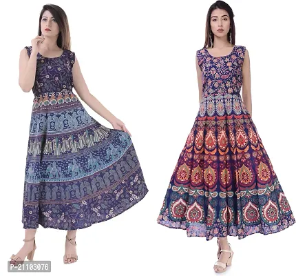 Jaipuri Cotton Printed Women Midi Gown Kurta Pack of 2