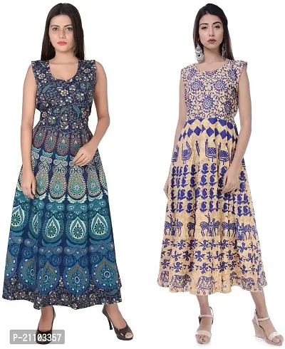 Jaipuri Cotton Printed Women Midi Gown Kurta Pack of 2