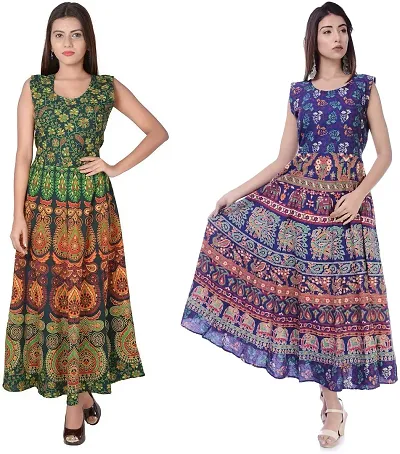 Designer Jaipuri Cotton Printed Midi Gown Kurta Pack Of 2