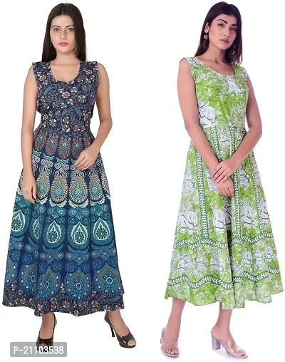 Jaipuri Cotton Printed Women Midi Gown Kurta Pack of 2-thumb0