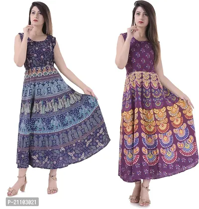 Jaipuri Cotton Printed Women Midi Gown Kurta Pack of 2-thumb0