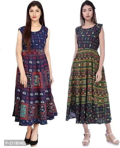 Jaipuri Cotton Printed Women Midi Gown Kurta Pack of 2-thumb0