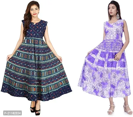 Designer Jaipuri Cotton Printed Midi Gown Kurta Pack of 2