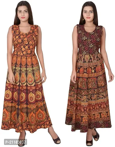 Jaipuri Cotton Printed Women Midi Gown Kurta Pack of 2