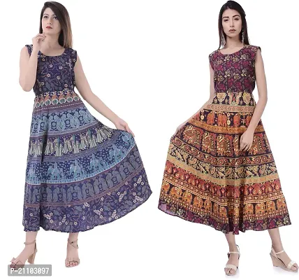 Jaipuri Cotton Printed Women Midi Gown Kurta Pack of 2