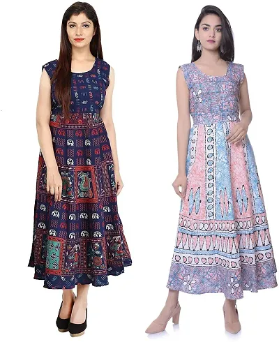 Designer Jaipuri Cotton Printed Midi Gown Kurta Pack Of 2