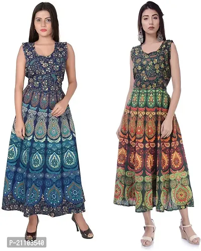 Jaipuri Cotton Printed Women Midi Gown Kurta Pack of 2