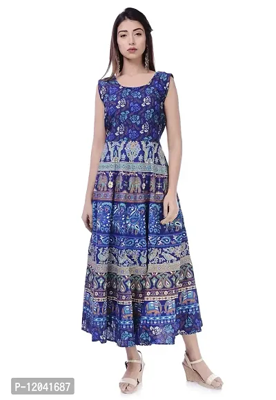 Super Moon Midi Jaipuri Print Maxi Dress Kurti for Women for Girls for Ladies (Free Size Upto 42 Inch) (Blue12)-thumb0