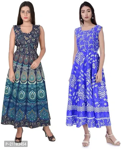 Jaipuri Cotton Printed Women Midi Gown Kurta Pack of 2