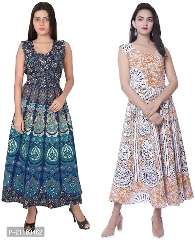 Jaipuri Cotton Printed Women Midi Gown Kurta Pack of 2-thumb0