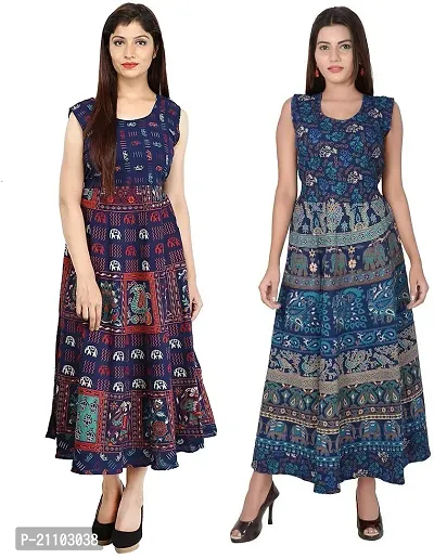 Jaipuri Cotton Printed Women Midi Gown Kurta Pack of 2-thumb0