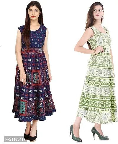 Jaipuri Cotton Printed Women Midi Gown Kurta Pack of 2-thumb0