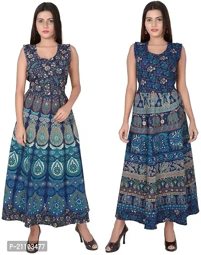 Jaipuri Cotton Printed Women Midi Gown Kurta Pack of 2