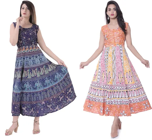 Jaipuri Cotton Printed Midi Gown Kurta Pack Of 2