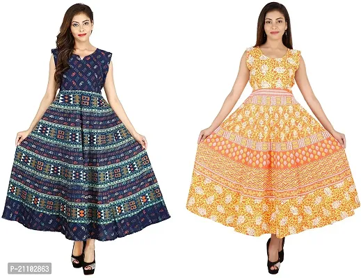 Designer Jaipuri Cotton Printed Midi Gown Kurta Pack of 2