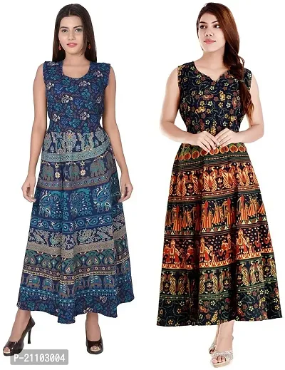 Jaipuri Cotton Printed Women Midi Gown Kurta Pack of 2