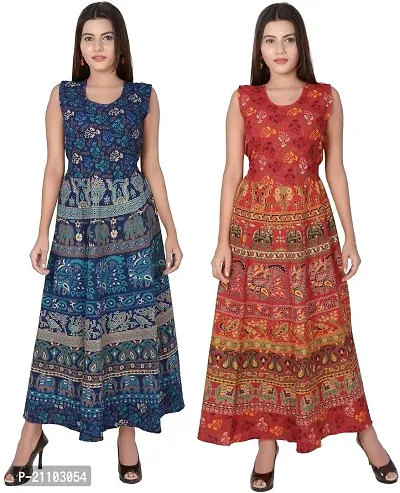 Jaipuri Cotton Printed Women Midi Gown Kurta Pack of 2