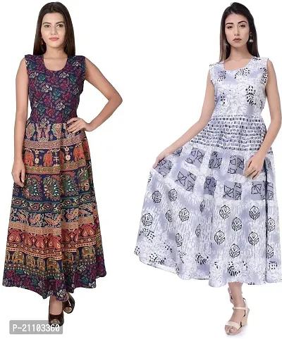 Jaipuri Cotton Printed Women Midi Gown Kurta Pack of 2