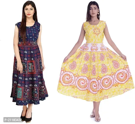 Jaipuri Cotton Printed Women Midi Gown Kurta Pack of 2