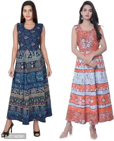 Jaipuri Cotton Printed Women Midi Gown Kurta Pack of 2