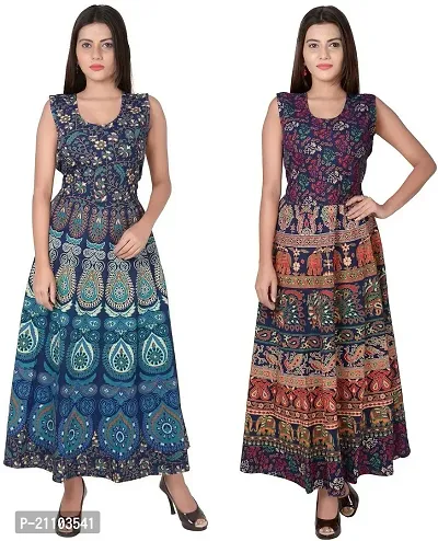 Jaipuri Cotton Printed Women Midi Gown Kurta Pack of 2