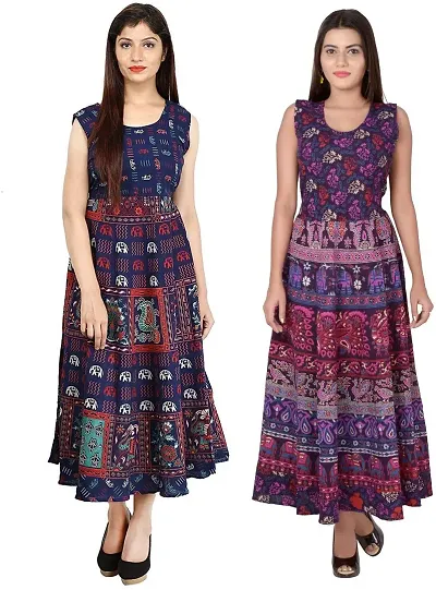 Jaipuri Cotton Printed Midi Gown Kurta Pack Of 2