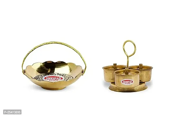 Shripad Steel Home Combo of Miniature Brass Flower Basket and Trimukha Toy Set