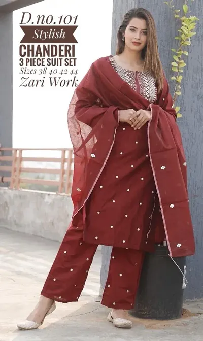 Beautiful Women Chanderi Silk Zari Work Kurti Bottom Dupatta