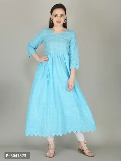 Stylish Cotton Turquoise Chikankari 3/4 Sleeves Angrakha Kurta For Women