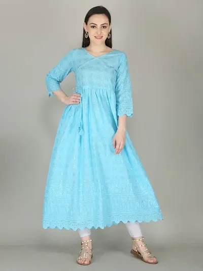 Stylish Chikankari 3/4 Sleeves Angrakha Kurta For Women