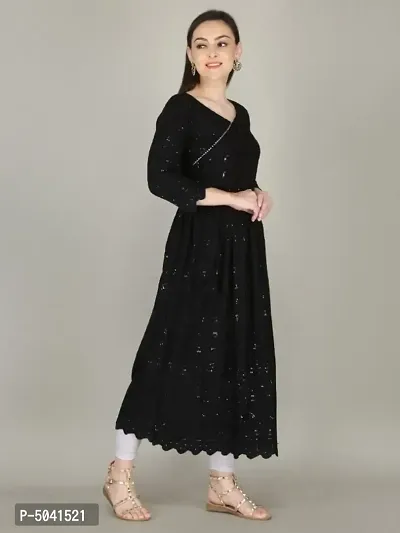 Stylish Cotton Black Chikankari 3/4 Sleeves Angrakha Kurta For Women-thumb2