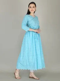 Stylish Cotton Turquoise Chikankari 3/4 Sleeves Angrakha Kurta For Women-thumb1