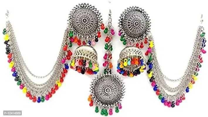 OPLERA SPARK Oxidised Red  Multi Color Chandbali Bahubali Style Tika with Earrings Combo Set for Women  Girls-thumb2