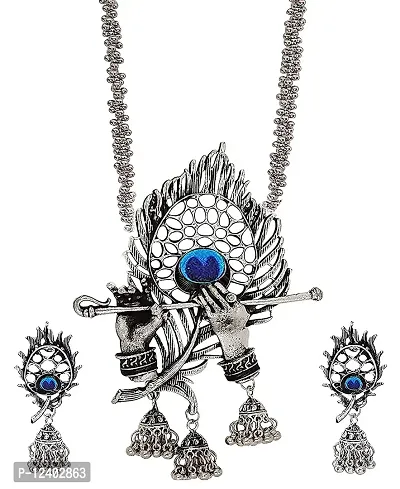 Oplera Spark - Lord Krishna Flute Designed Oxidised Necklace Set-thumb5