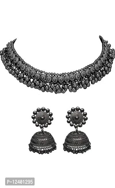OPLERA SPARK INDIA Jewellery Oxidised Silver Latest Desigen Black Choker Necklace with jhumka Set for Women  Girls.-thumb0