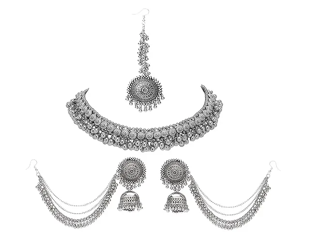 Paninaro Oxidised Afghani Style Tika Earring with Choker Necklace Set for Women & Girls