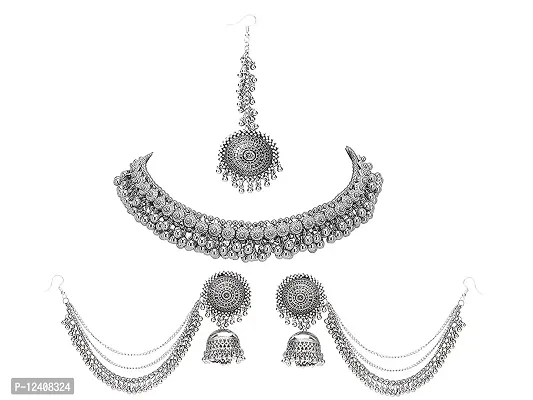 OPLERA SPARK - Oxidised Silver Afghani Style Tika Earring with Choker Necklace Set for Women  Girls-thumb2
