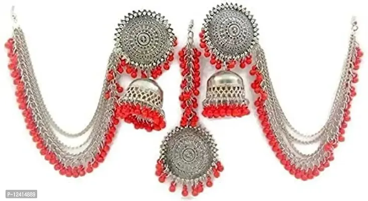 OPLERA SPARK Oxidised Red  Multi Color Chandbali Bahubali Style Tika with Earrings Combo Set for Women  Girls-thumb3