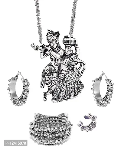 OPLERA SPARK INDIA Oxidised Silver Radha Krishna Chain Pendant Necklace Set Combo for Girls  Women-thumb0
