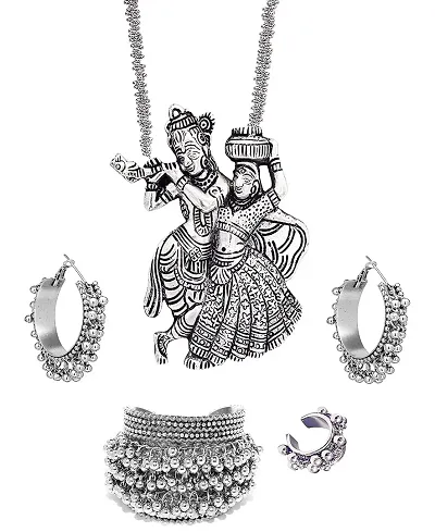 OPLERA SPARK INDIA Oxidised Silver Radha Krishna Chain Pendant Necklace Set Combo for Girls  Women