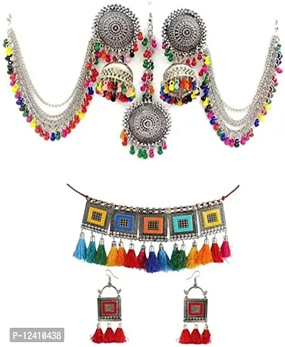 Oplera Spark Oxidised Multi Meena  Bahubali Earring Combo Jewellery Set Traditional Choker Necklace  Earrings-thumb0