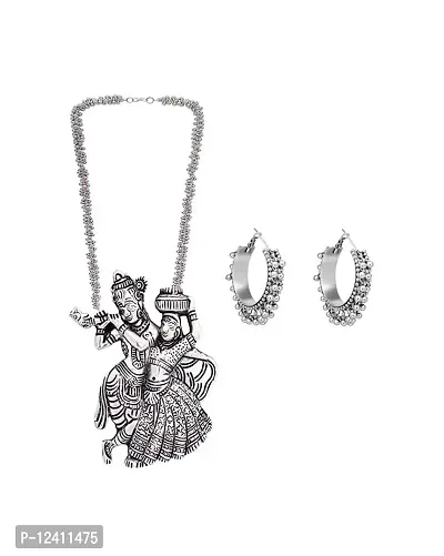 Oplera Spark Oxidised Silver & Alloy Metal Necklace With Earring Set For Women & Girls | Silver Oxidised Designer Jewellery Krishna Flute Necklace Set