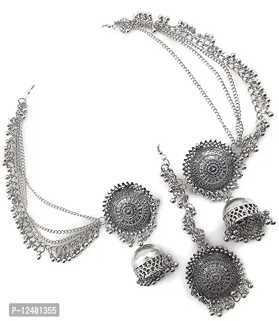 OPLERA SPARK Oxidised Silver Bahubali Style Tika with Earrings Set for Women  Girls....-thumb0