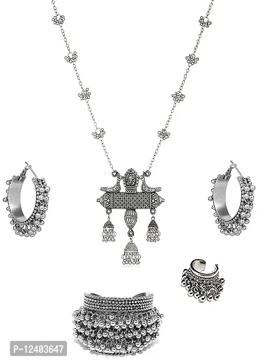 OPERA SPARK INDIA:- Afghani Oxidised Silver Jewellery Combo Chain Pendant Necklace Set for Women & Girls