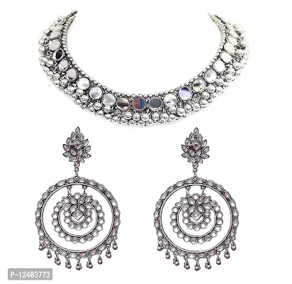 OPLERA SPARK INDIA - Oxidised Silver Mirror Choker Necklace with kundan finish Earrings Set for Girls & Women-thumb0