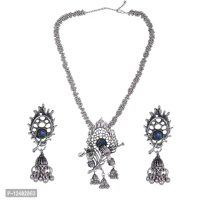 Oplera Spark - Lord Krishna Flute Designed Oxidised Necklace Set-thumb2