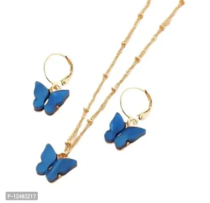 Oplera Spark Blue Butterfly Hoop Earring Pendant Necklace Acrylic Butterfly Necklace Huggie Drop Earrings Set, Simple Charm Color Suit for Women Teens Girls